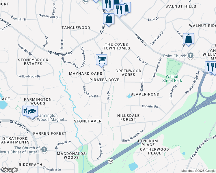 map of restaurants, bars, coffee shops, grocery stores, and more near 126 Bay Drive in Cary