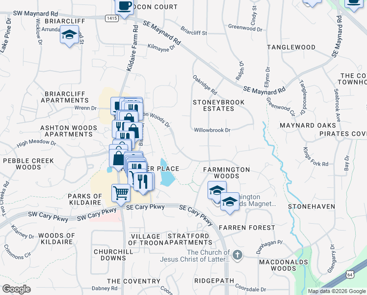 map of restaurants, bars, coffee shops, grocery stores, and more near 317 Farmington Woods Drive in Cary
