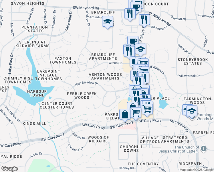 map of restaurants, bars, coffee shops, grocery stores, and more near 100 Glen Bonnie Lane in Cary