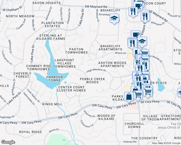 map of restaurants, bars, coffee shops, grocery stores, and more near 101 Flora McDonald Lane in Cary