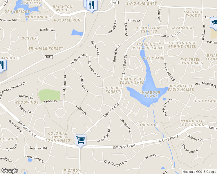 map of restaurants, bars, coffee shops, grocery stores, and more near 116 Tapestry Terrace in Cary