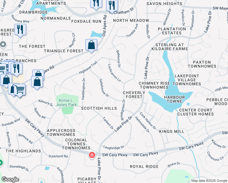 map of restaurants, bars, coffee shops, grocery stores, and more near 1242 Gatehouse Drive in Cary