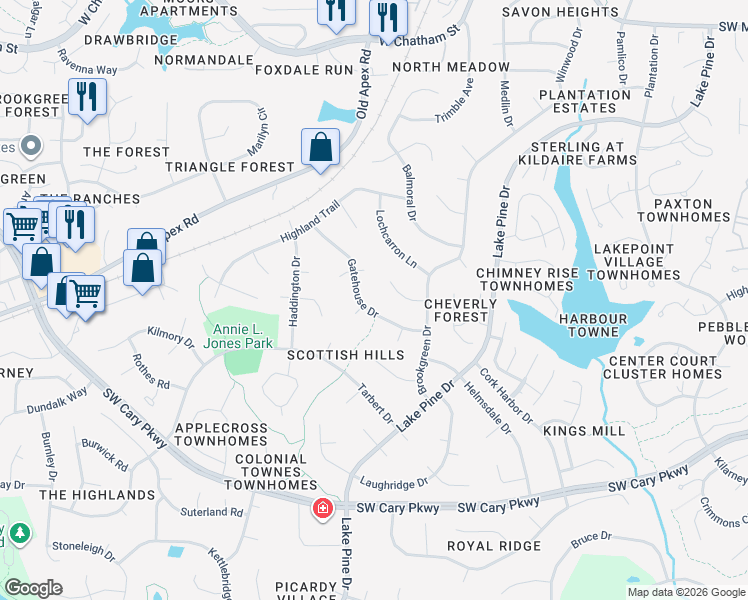 map of restaurants, bars, coffee shops, grocery stores, and more near 1242 Gatehouse Drive in Cary