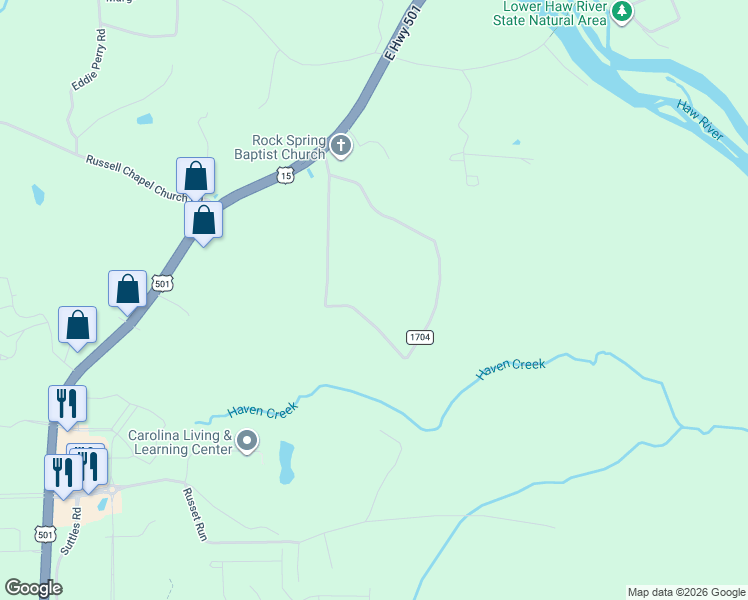 map of restaurants, bars, coffee shops, grocery stores, and more near 820 Rock Springs Church Road in Pittsboro