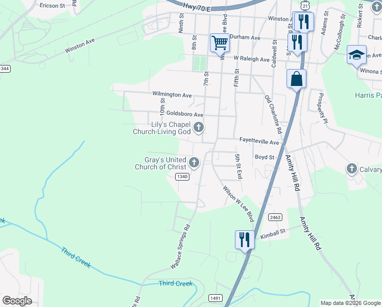 map of restaurants, bars, coffee shops, grocery stores, and more near 1709 Lynnwood Drive in Statesville
