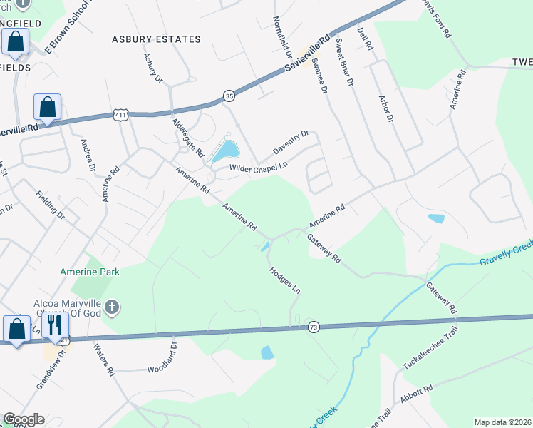map of restaurants, bars, coffee shops, grocery stores, and more near 1108 Amerine Road in Maryville