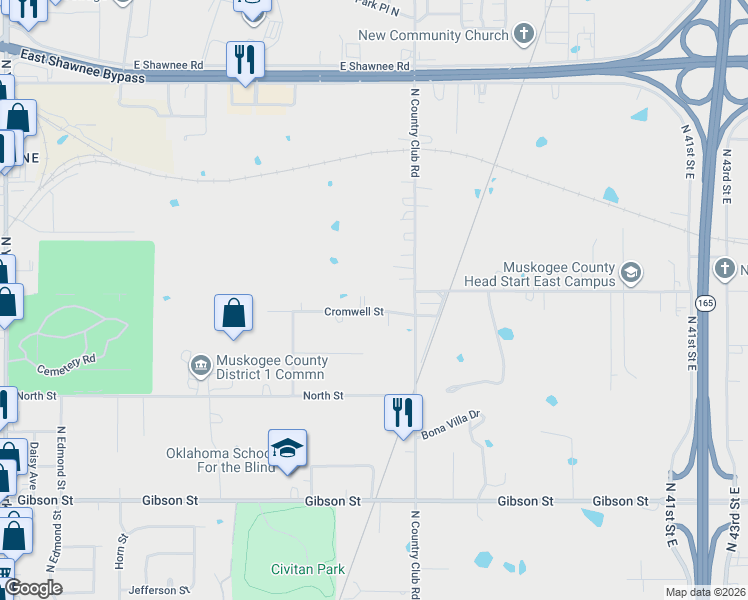 map of restaurants, bars, coffee shops, grocery stores, and more near 3209 Cromwell Street in Muskogee