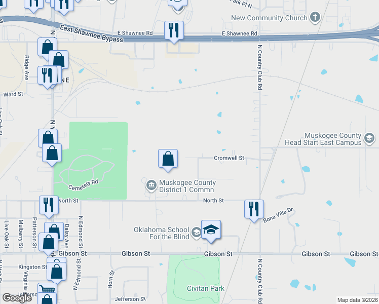 map of restaurants, bars, coffee shops, grocery stores, and more near 3001 Cromwell Street in Muskogee