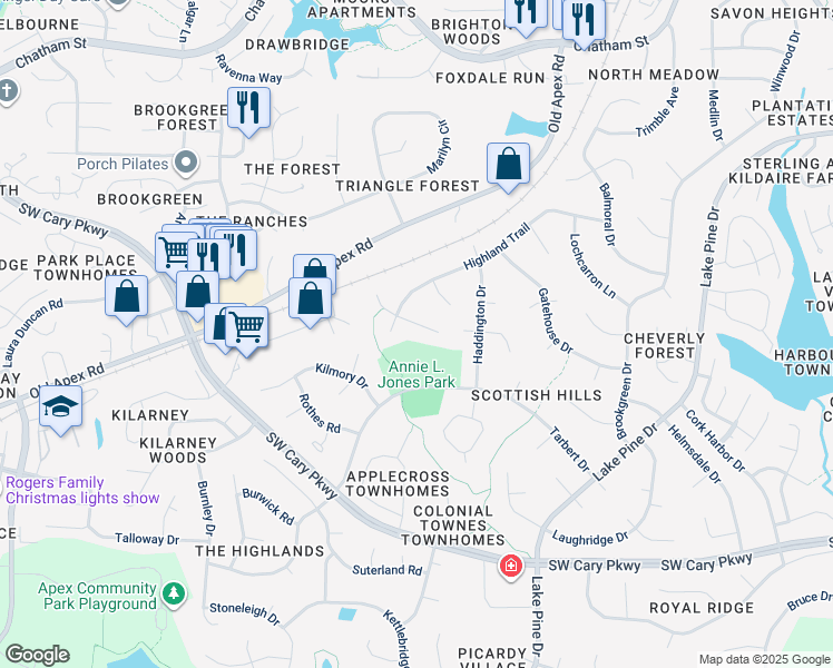 map of restaurants, bars, coffee shops, grocery stores, and more near 104 McIntosh Court in Cary