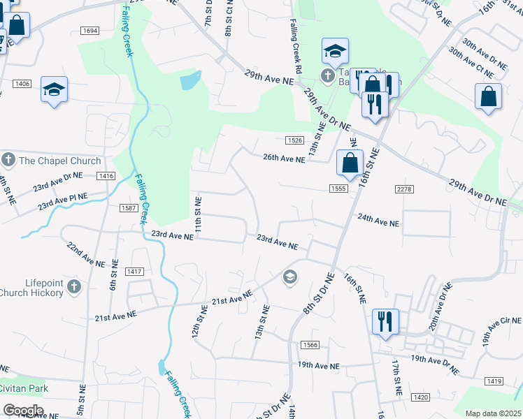 map of restaurants, bars, coffee shops, grocery stores, and more near 2322 13th Street Drive Northeast in Hickory