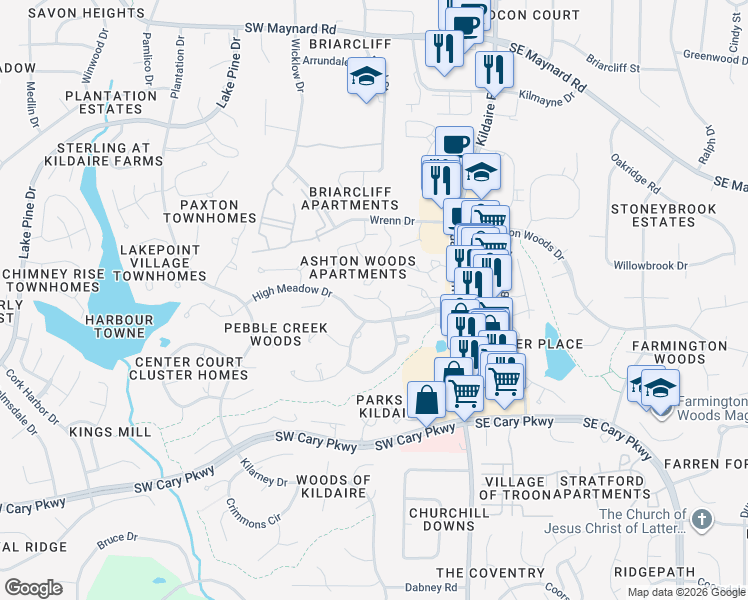 map of restaurants, bars, coffee shops, grocery stores, and more near 100 Glen Bonnie Lane in Cary