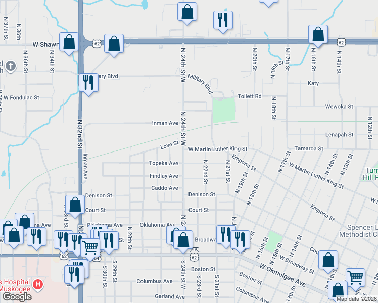 map of restaurants, bars, coffee shops, grocery stores, and more near 2414 Topeka Street in Muskogee