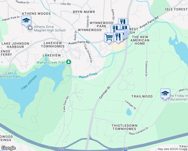 map of restaurants, bars, coffee shops, grocery stores, and more near 1440 Collegiate Circle in Raleigh