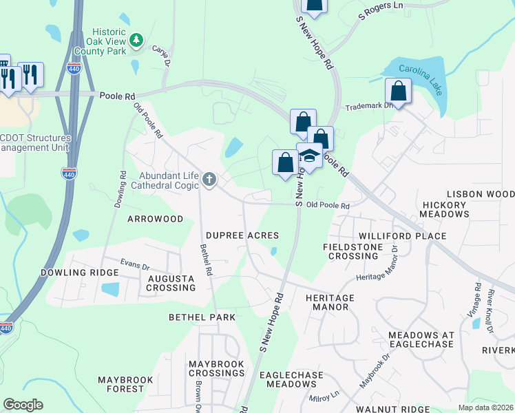 map of restaurants, bars, coffee shops, grocery stores, and more near 4608 Old Poole Road in Raleigh