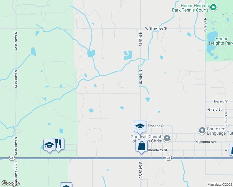 map of restaurants, bars, coffee shops, grocery stores, and more near 5520 Rolling Oaks Drive in Muskogee