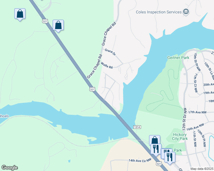 map of restaurants, bars, coffee shops, grocery stores, and more near 6704 Lakeview Terrace in Hickory
