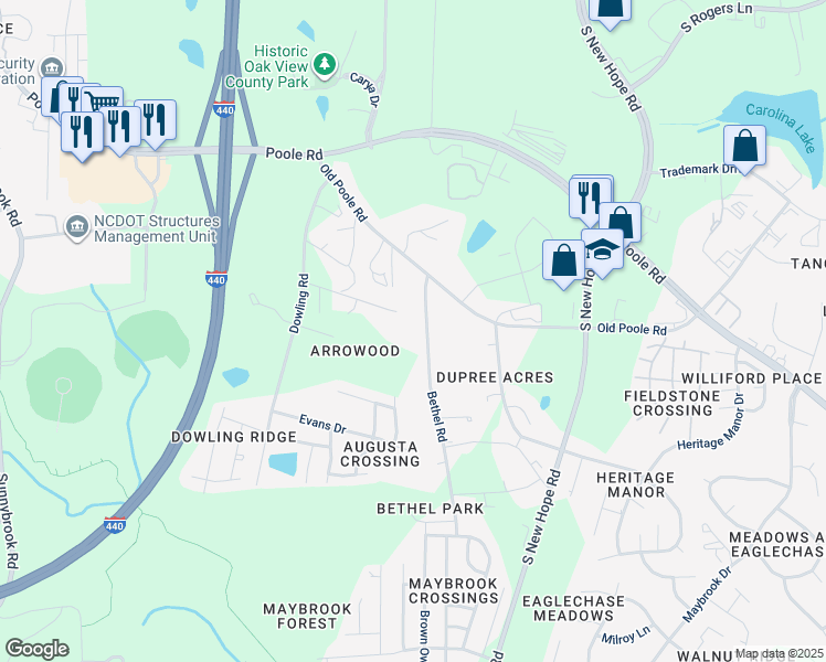 map of restaurants, bars, coffee shops, grocery stores, and more near 1208 Bethel Road in Raleigh