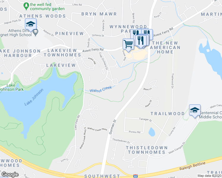 map of restaurants, bars, coffee shops, grocery stores, and more near 1440 Collegiate Circle in Raleigh