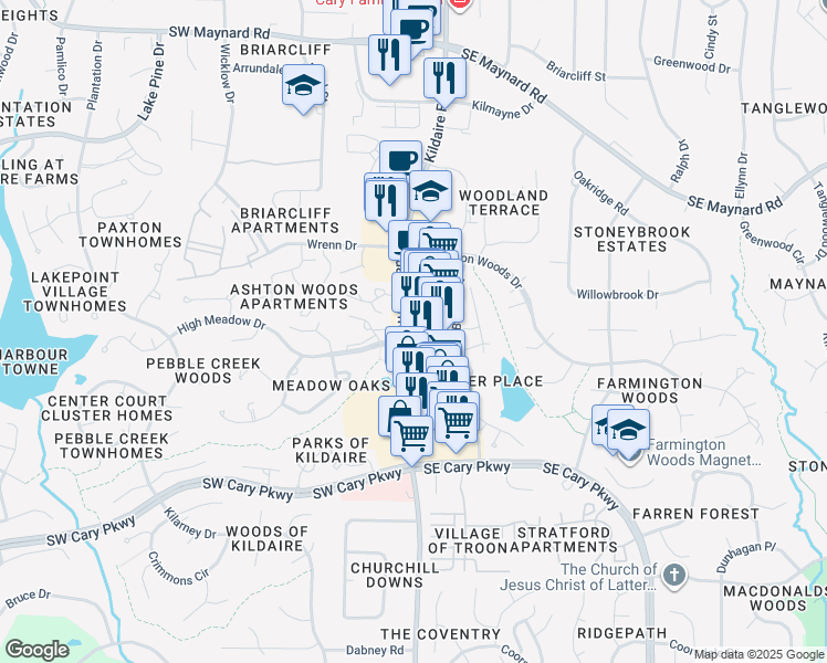 map of restaurants, bars, coffee shops, grocery stores, and more near 1301 State Road 1300 in Cary
