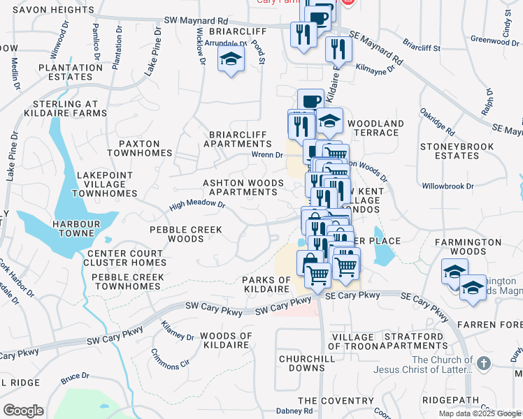 map of restaurants, bars, coffee shops, grocery stores, and more near 101 Allison Way in Cary