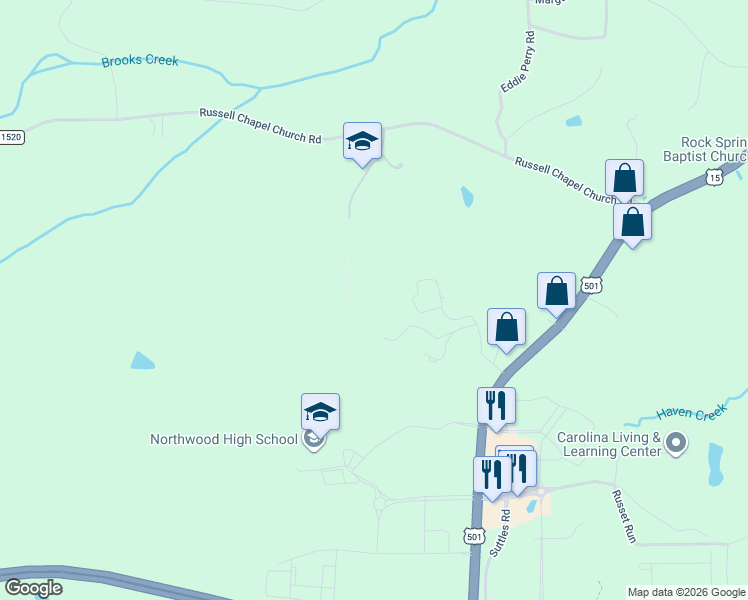 map of restaurants, bars, coffee shops, grocery stores, and more near 147 Oldham Place in Pittsboro