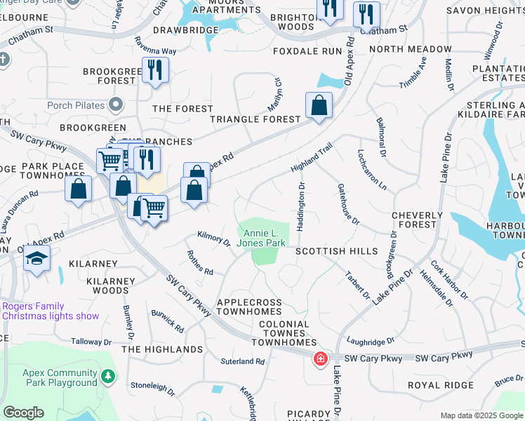 map of restaurants, bars, coffee shops, grocery stores, and more near 104 McIntosh Court in Cary