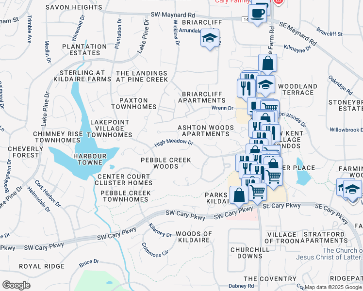 map of restaurants, bars, coffee shops, grocery stores, and more near 304 Fairfield Lane in Cary