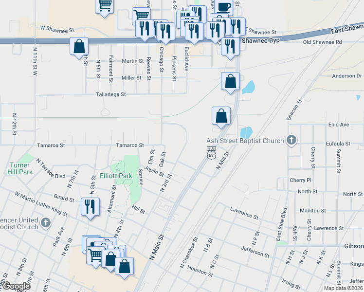map of restaurants, bars, coffee shops, grocery stores, and more near 1112 North 3rd Street in Muskogee
