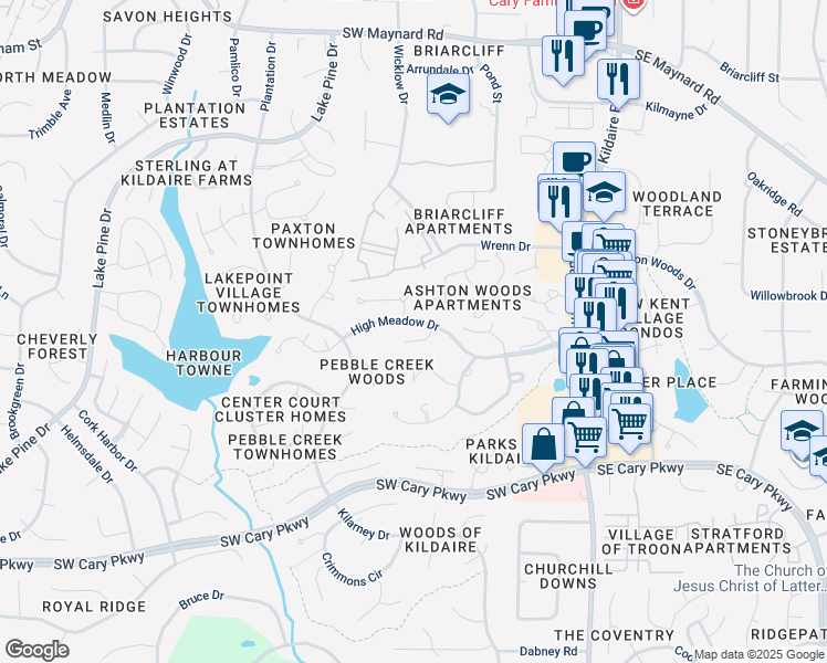 map of restaurants, bars, coffee shops, grocery stores, and more near 304 Fairfield Lane in Cary