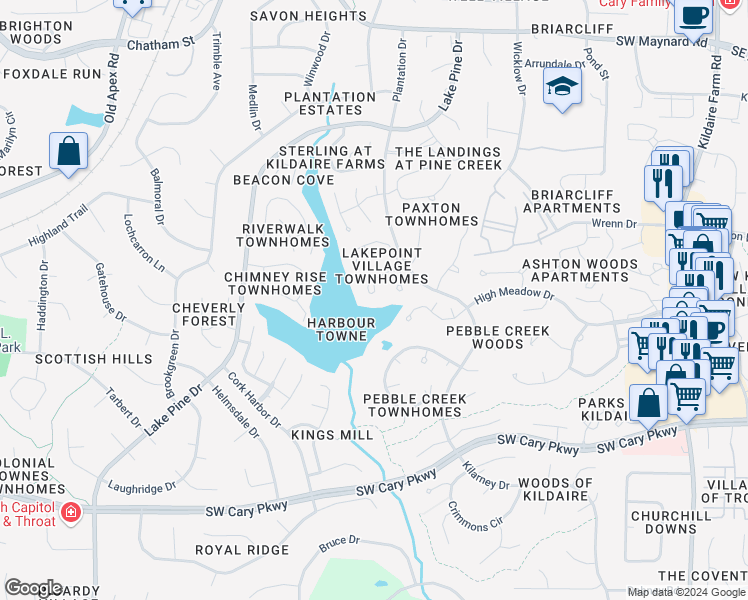 map of restaurants, bars, coffee shops, grocery stores, and more near 219 Lakewater Drive in Cary