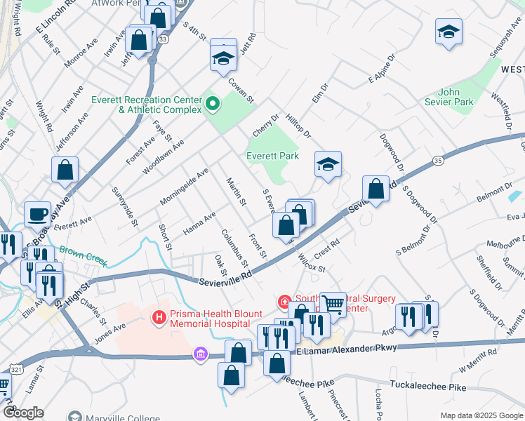 map of restaurants, bars, coffee shops, grocery stores, and more near 1708 Kittrell Avenue in Maryville