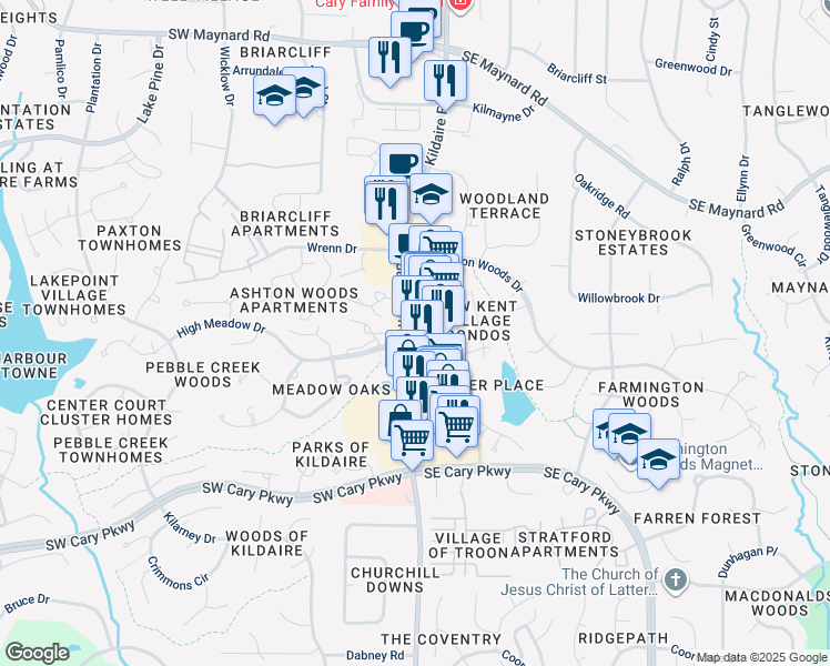 map of restaurants, bars, coffee shops, grocery stores, and more near 1299 Kildaire Farm Road in Cary