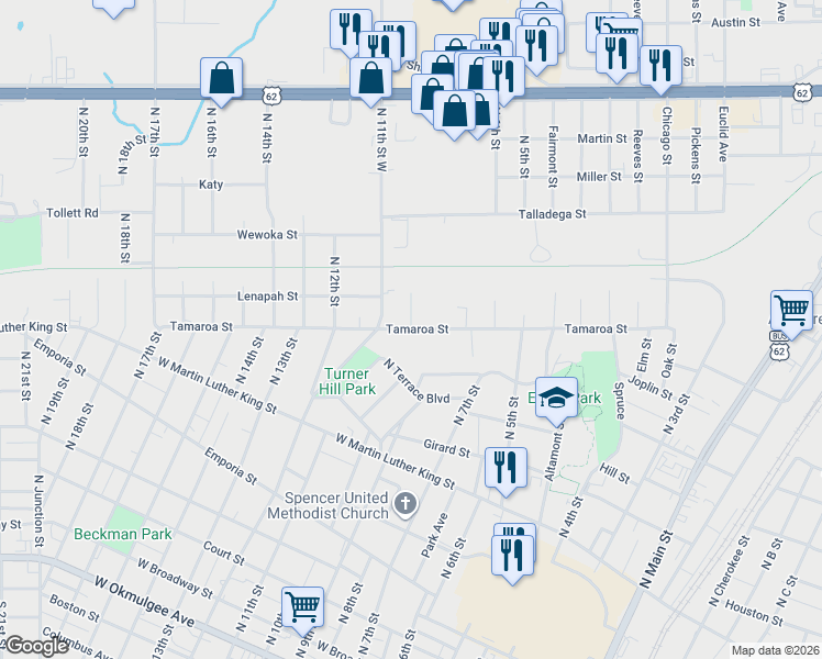 map of restaurants, bars, coffee shops, grocery stores, and more near 1003 North 10th Street in Muskogee