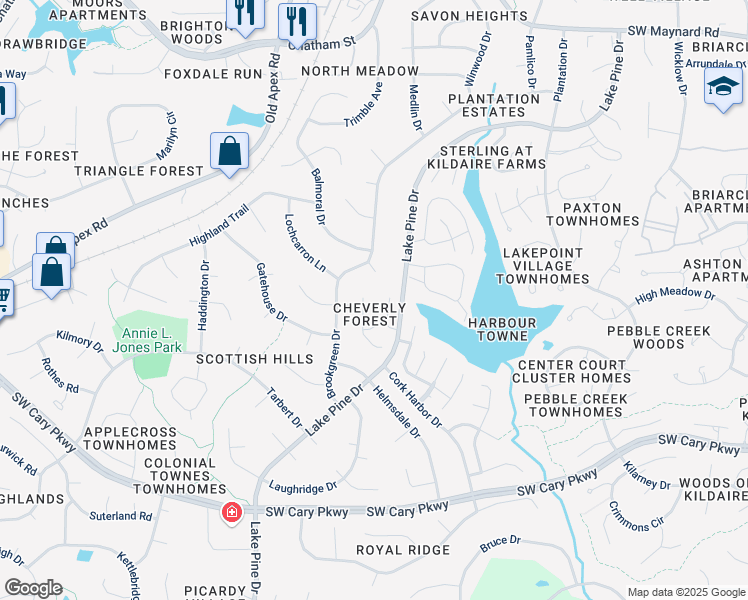 map of restaurants, bars, coffee shops, grocery stores, and more near 107 Tapestry Terrace in Cary