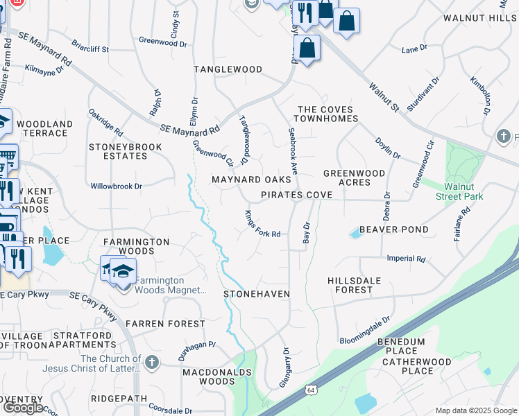 map of restaurants, bars, coffee shops, grocery stores, and more near 502 Greenwood Circle in Cary