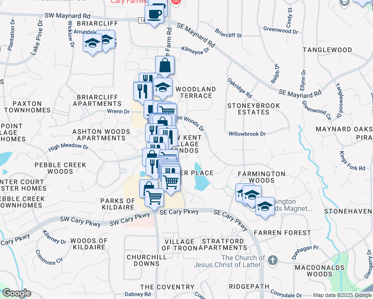 map of restaurants, bars, coffee shops, grocery stores, and more near 614 New Kent Place in Cary