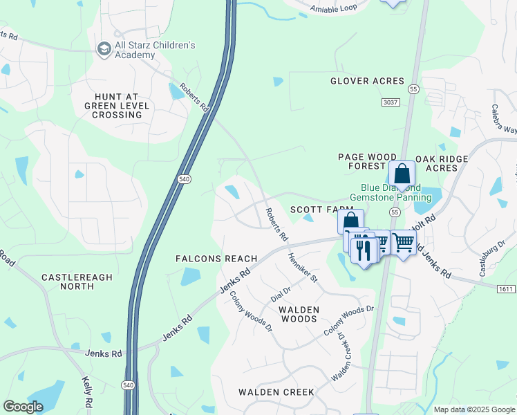 map of restaurants, bars, coffee shops, grocery stores, and more near 471 Clark Creek Lane in Apex