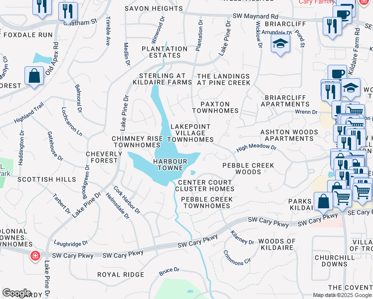 map of restaurants, bars, coffee shops, grocery stores, and more near 219 Lakewater Drive in Cary