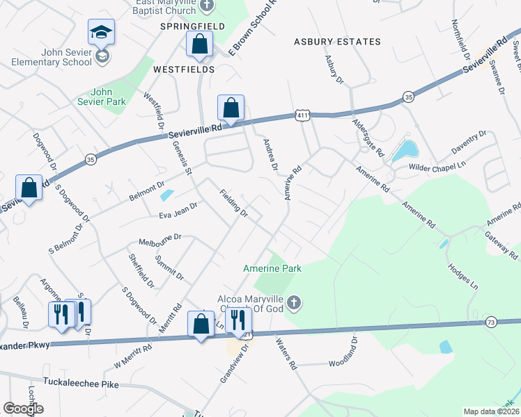 map of restaurants, bars, coffee shops, grocery stores, and more near 1210 South Rachaels Circle in Maryville