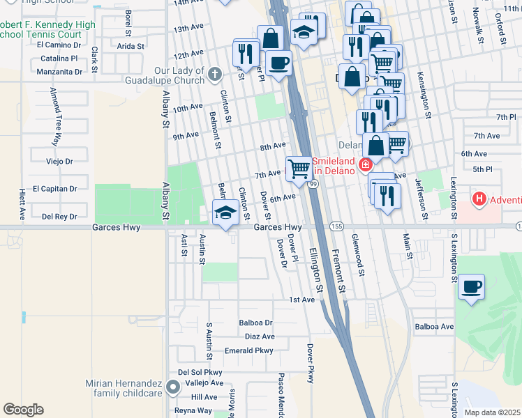 map of restaurants, bars, coffee shops, grocery stores, and more near 425 Dover Street in Delano