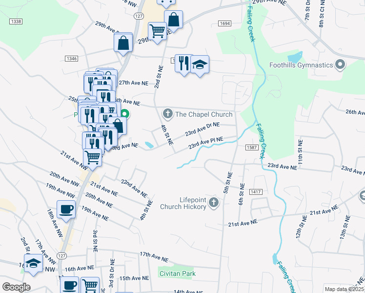 map of restaurants, bars, coffee shops, grocery stores, and more near 421 23rd Avenue Place Northeast in Hickory