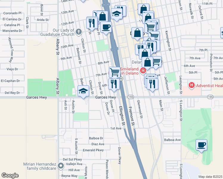 map of restaurants, bars, coffee shops, grocery stores, and more near 601 Dover Place in Delano