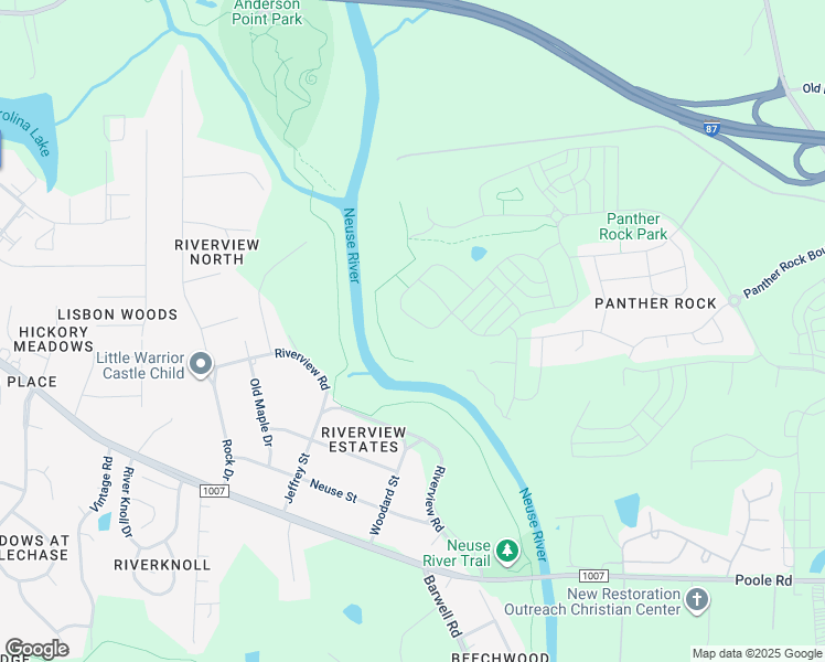 map of restaurants, bars, coffee shops, grocery stores, and more near Neuse River Trail in Raleigh