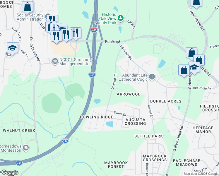 map of restaurants, bars, coffee shops, grocery stores, and more near 3921 Dowling Haven PIace in Raleigh