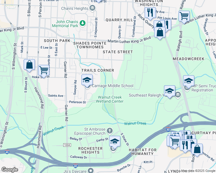map of restaurants, bars, coffee shops, grocery stores, and more near 1304 South State Street in Raleigh