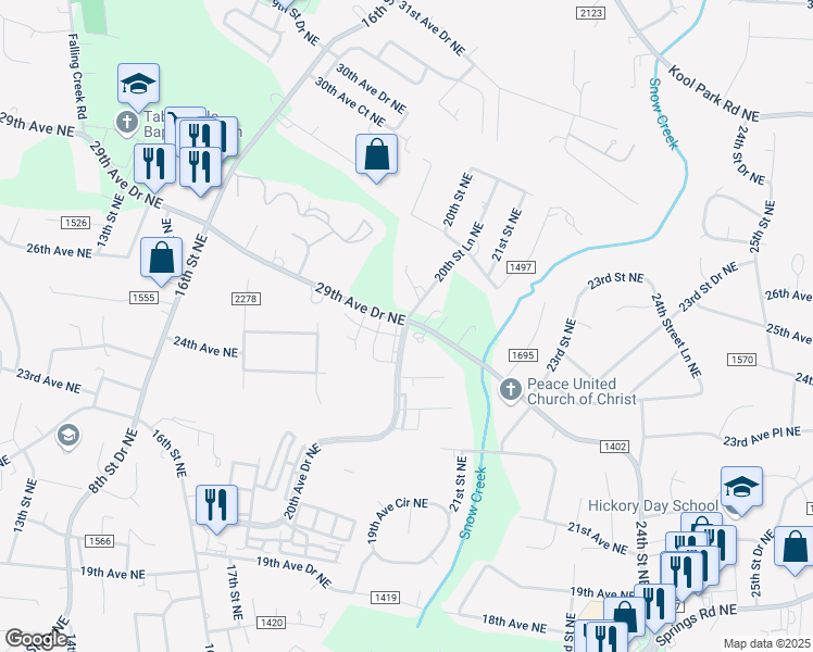 map of restaurants, bars, coffee shops, grocery stores, and more near 2603 20th Street Lane Northeast in Hickory