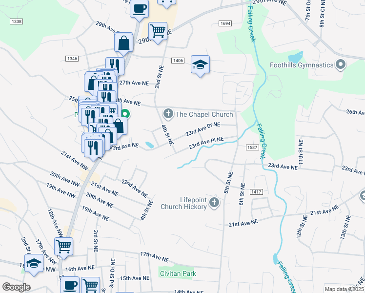 map of restaurants, bars, coffee shops, grocery stores, and more near 421 23rd Avenue Place Northeast in Hickory