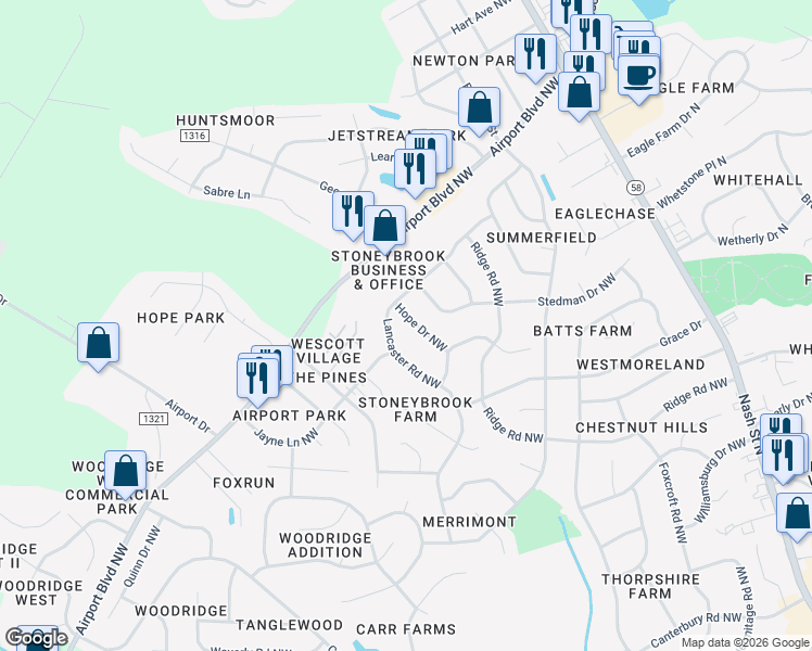 map of restaurants, bars, coffee shops, grocery stores, and more near 2813 Hope Drive Northwest in Wilson