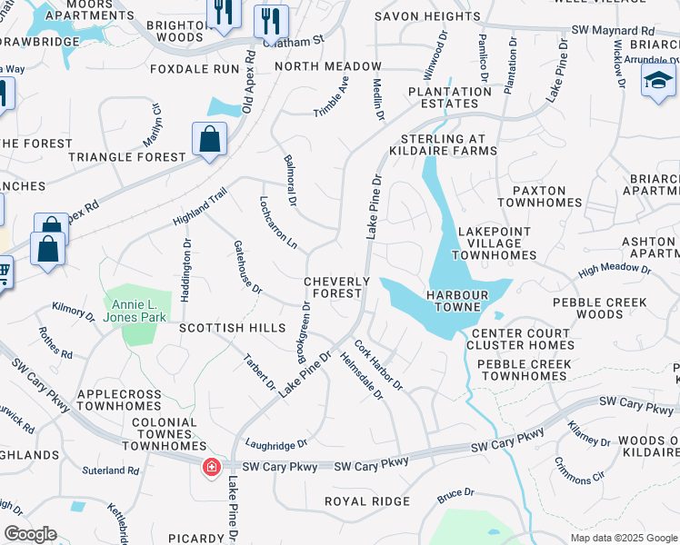 map of restaurants, bars, coffee shops, grocery stores, and more near 107 Tapestry Terrace in Cary