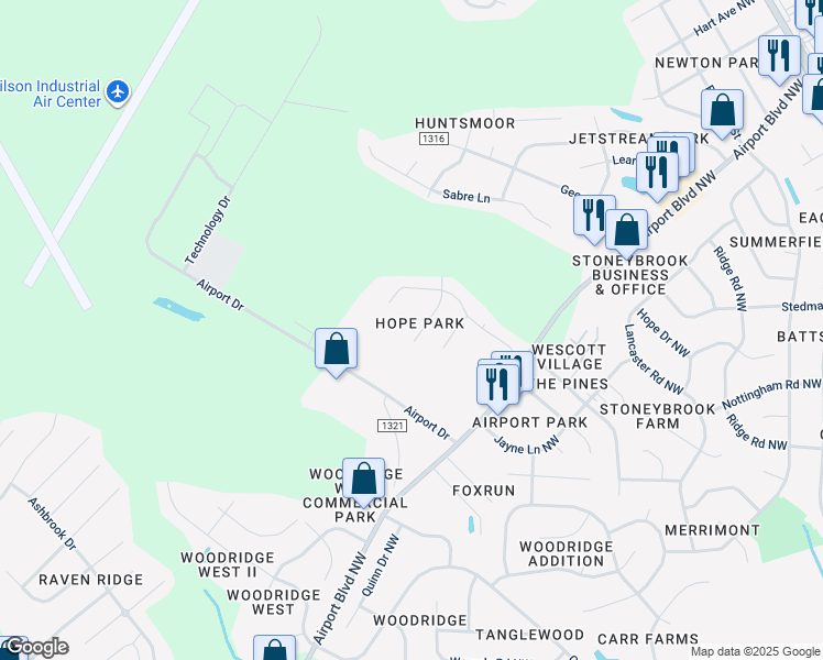map of restaurants, bars, coffee shops, grocery stores, and more near 3709 Dianne Drive Northwest in Wilson